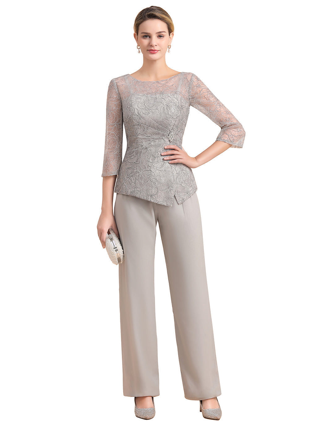 Scoop 3/4 Sleeves Lace Chiffon Jumpsuit BMbride