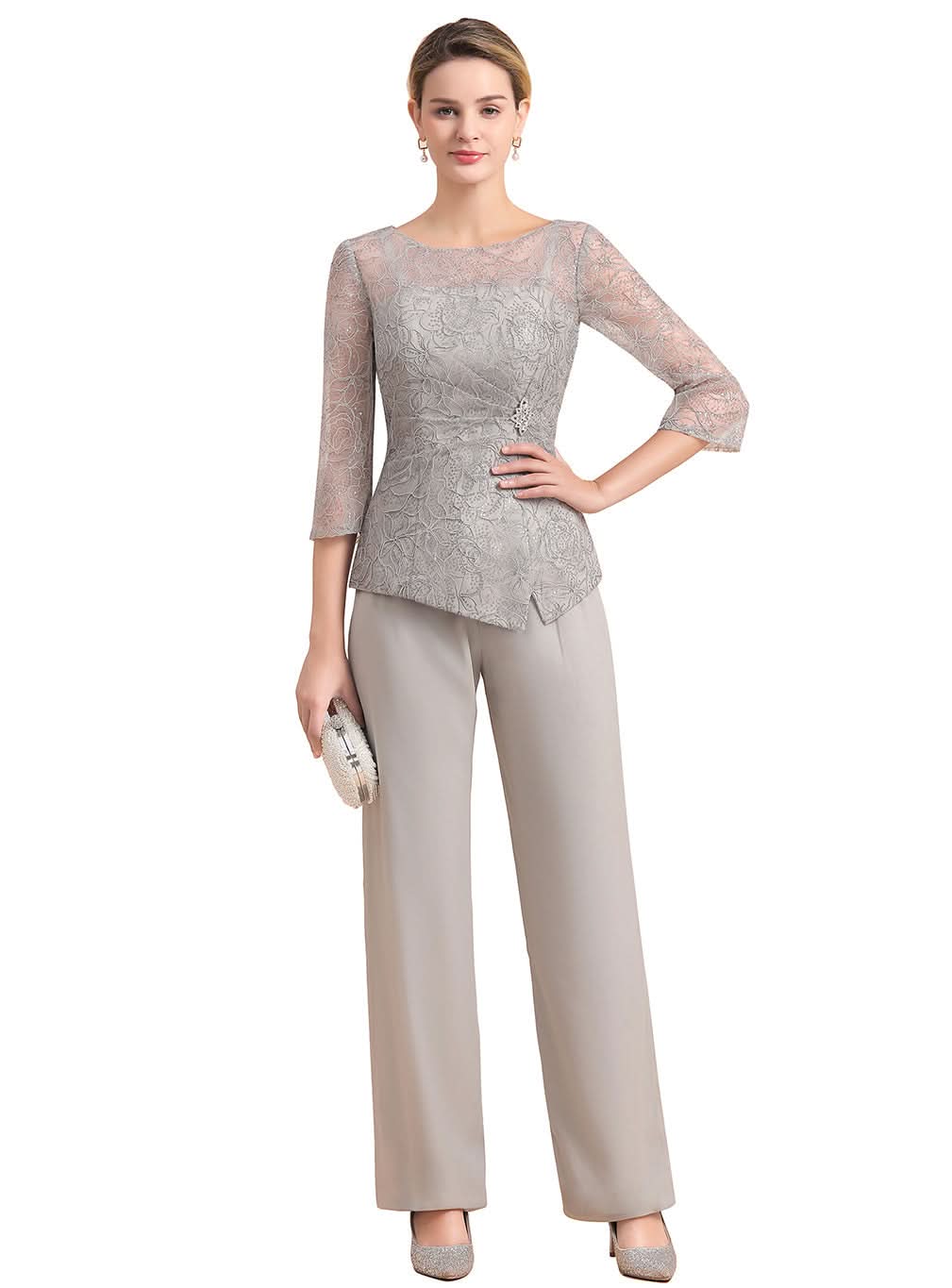 Scoop 3/4 Sleeves Lace Chiffon Jumpsuit BMbride