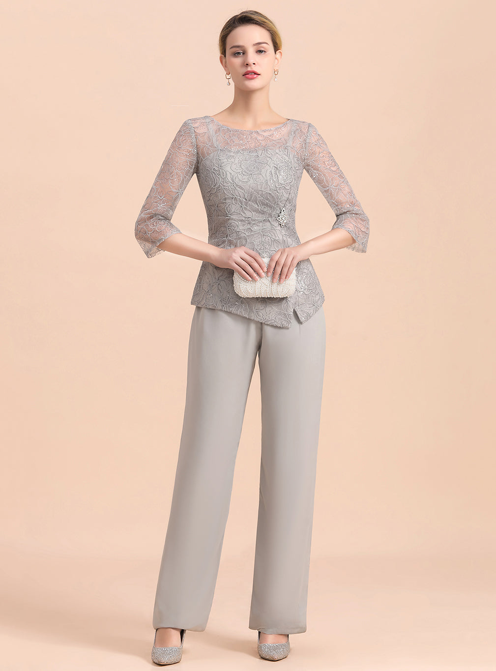Scoop 3/4 Sleeves Lace Chiffon Jumpsuit BMbride