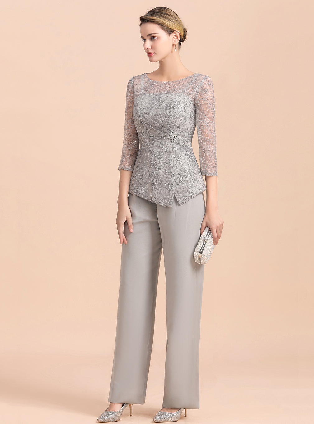 Scoop 3/4 Sleeves Lace Chiffon Jumpsuit BMbride
