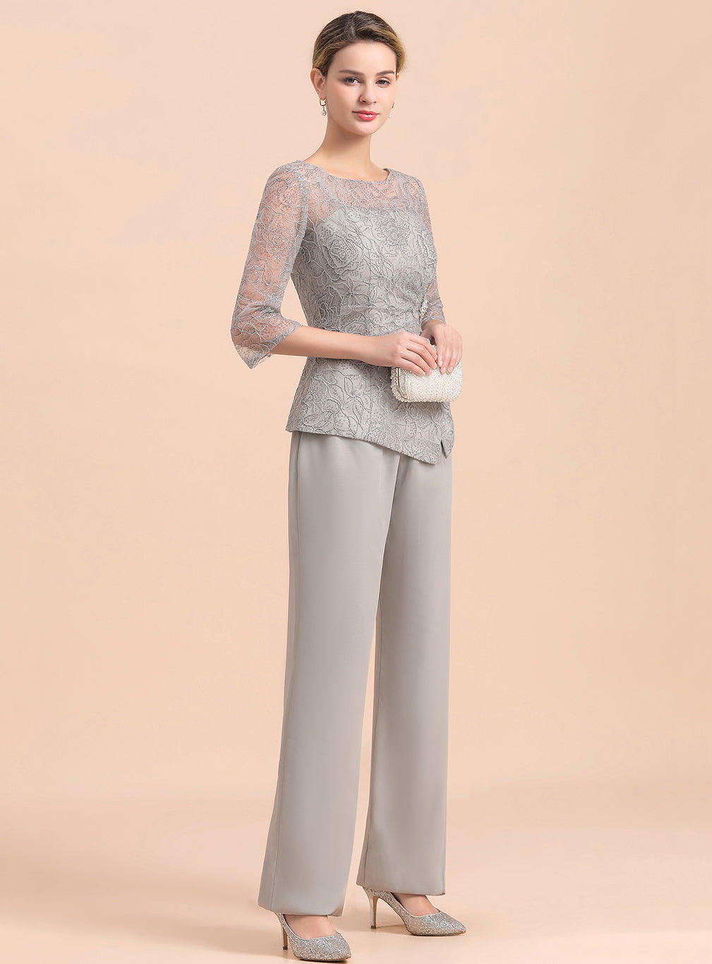 Scoop 3/4 Sleeves Lace Chiffon Jumpsuit BMbride
