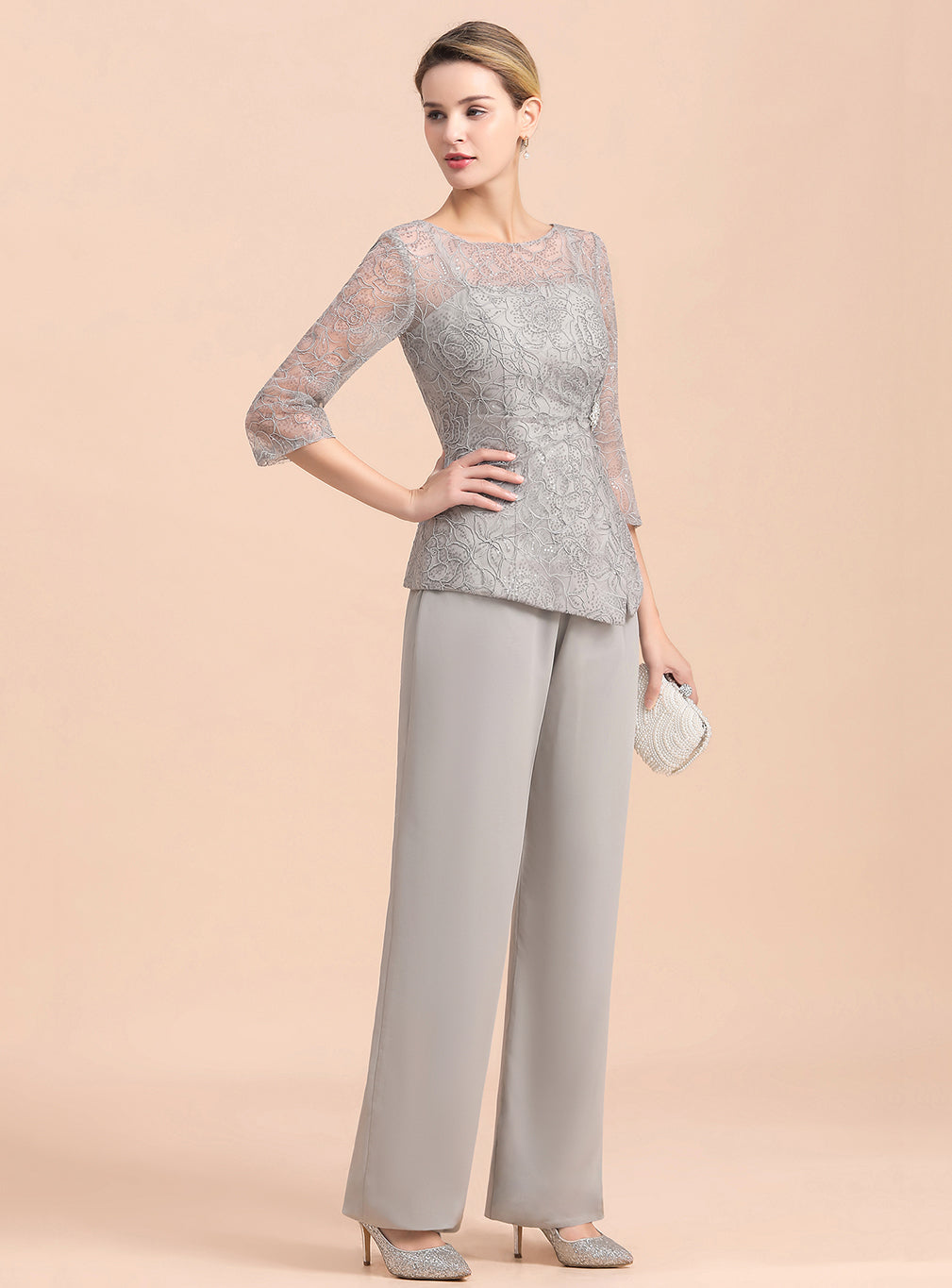 Scoop 3/4 Sleeves Lace Chiffon Jumpsuit BMbride