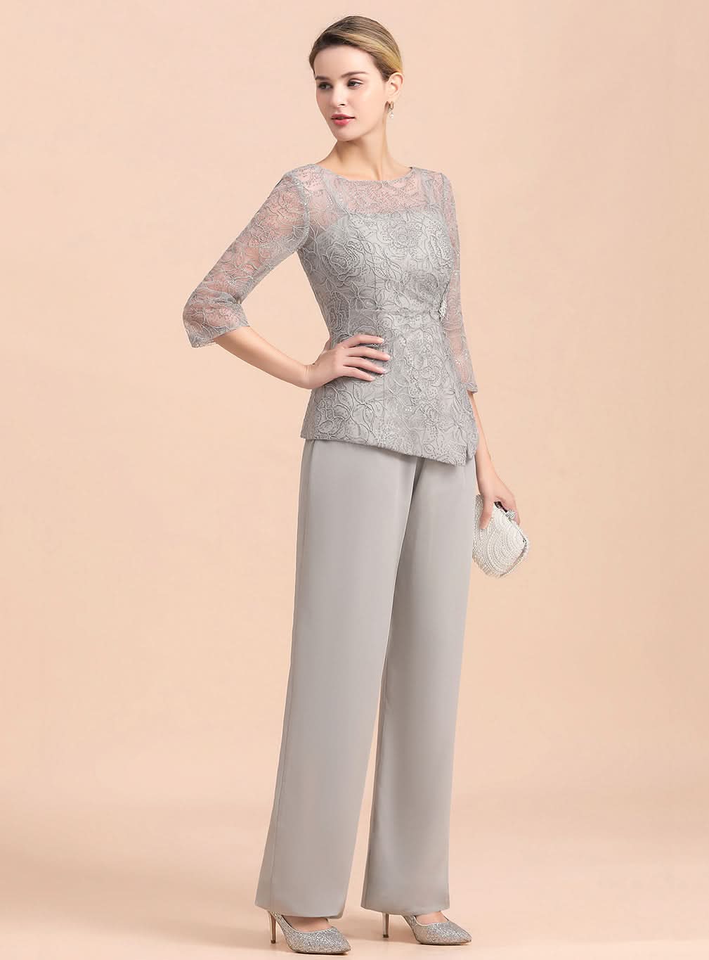 Scoop 3/4 Sleeves Lace Chiffon Jumpsuit BMbride