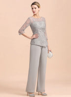 Scoop 3/4 Sleeves Lace Chiffon Jumpsuit BMbride