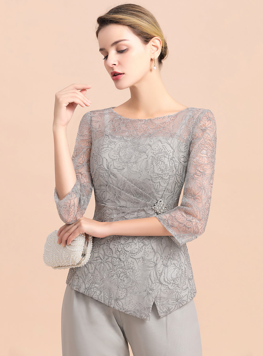 Scoop 3/4 Sleeves Lace Chiffon Jumpsuit BMbride