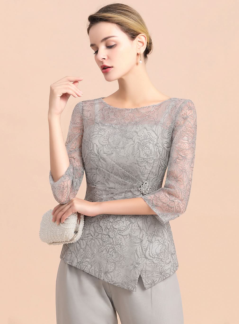 Scoop 3/4 Sleeves Lace Chiffon Jumpsuit BMbride