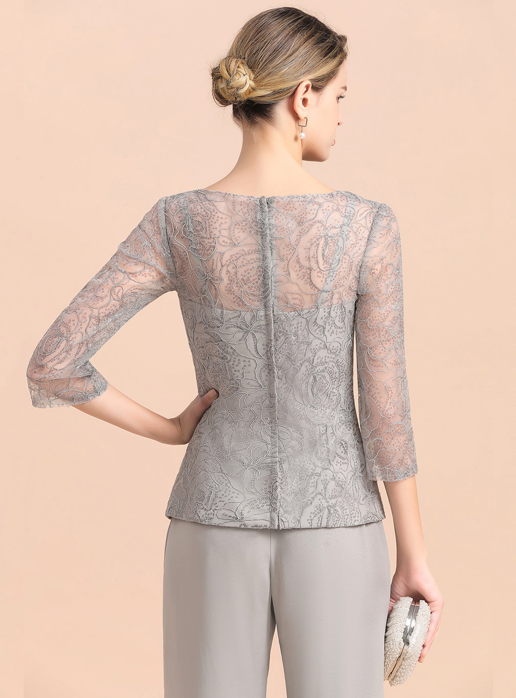 Scoop 3/4 Sleeves Lace Chiffon Jumpsuit BMbride