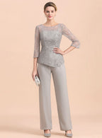 Scoop 3/4 Sleeves Lace Chiffon Jumpsuit BMbride