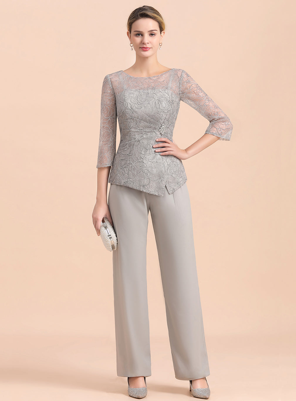 Scoop 3/4 Sleeves Lace Chiffon Jumpsuit BMbride
