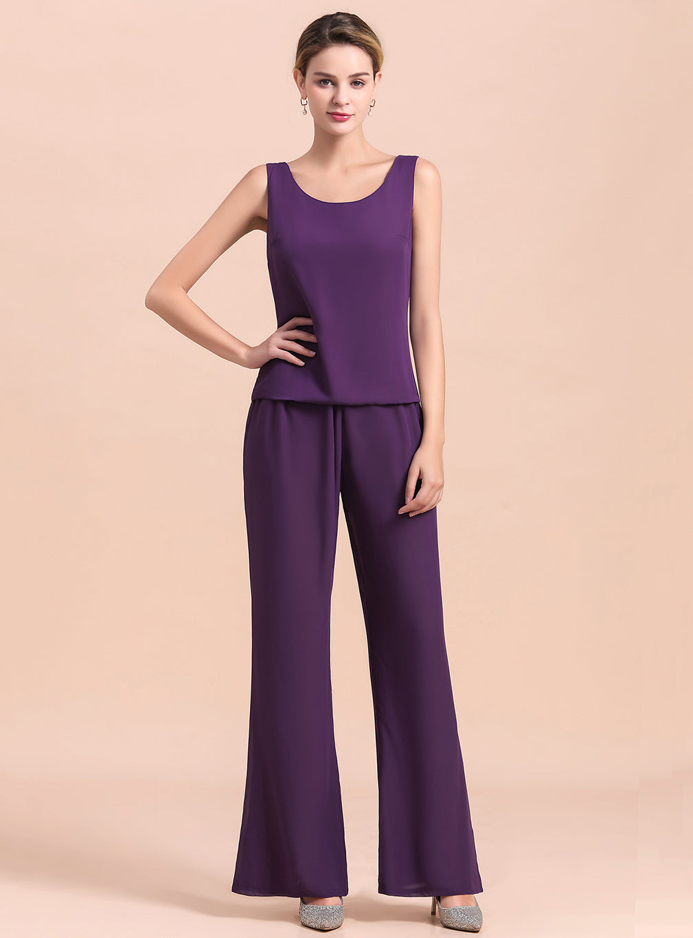 Scoop Straps Beading Chiffon Jumpsuit BMbride