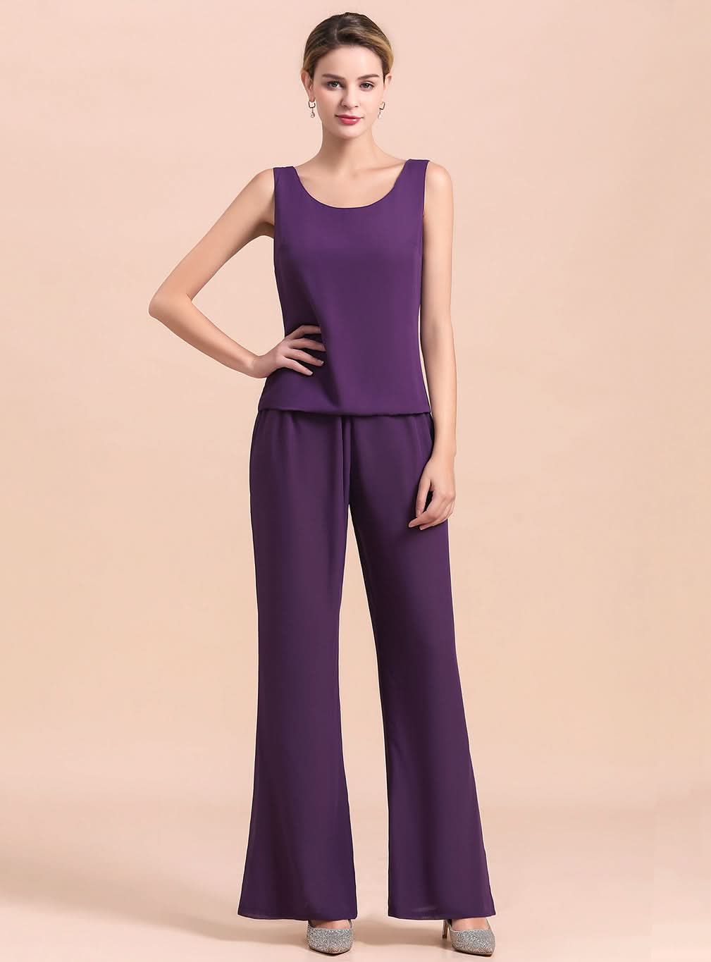 Scoop Straps Beading Chiffon Jumpsuit BMbride