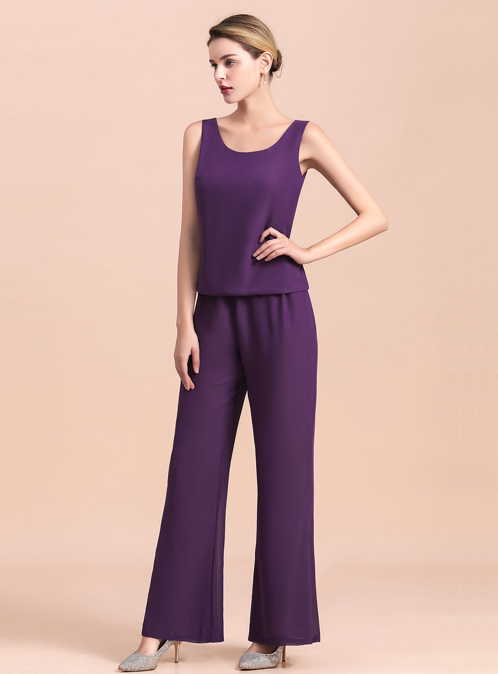 Scoop Straps Beading Chiffon Jumpsuit BMbride