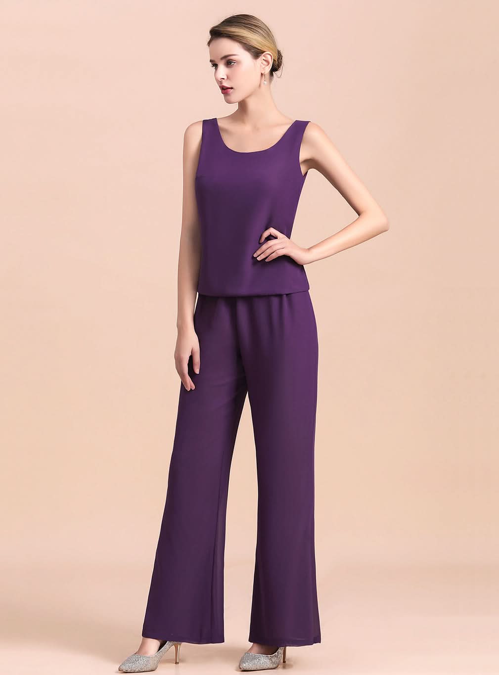 Scoop Straps Beading Chiffon Jumpsuit BMbride