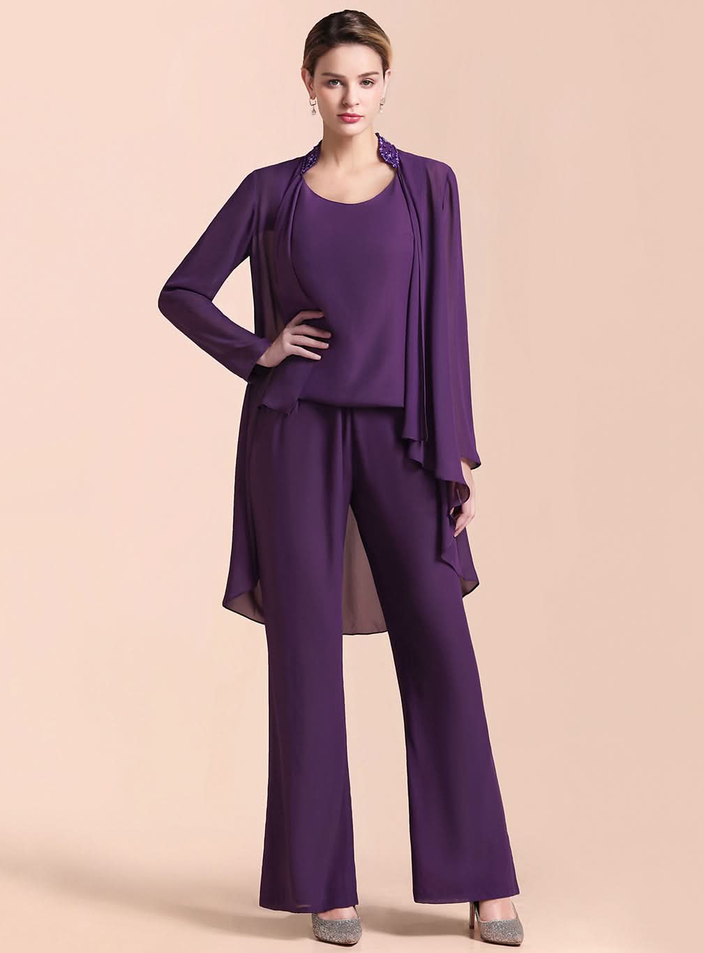 Scoop Straps Beading Chiffon Jumpsuit BMbride