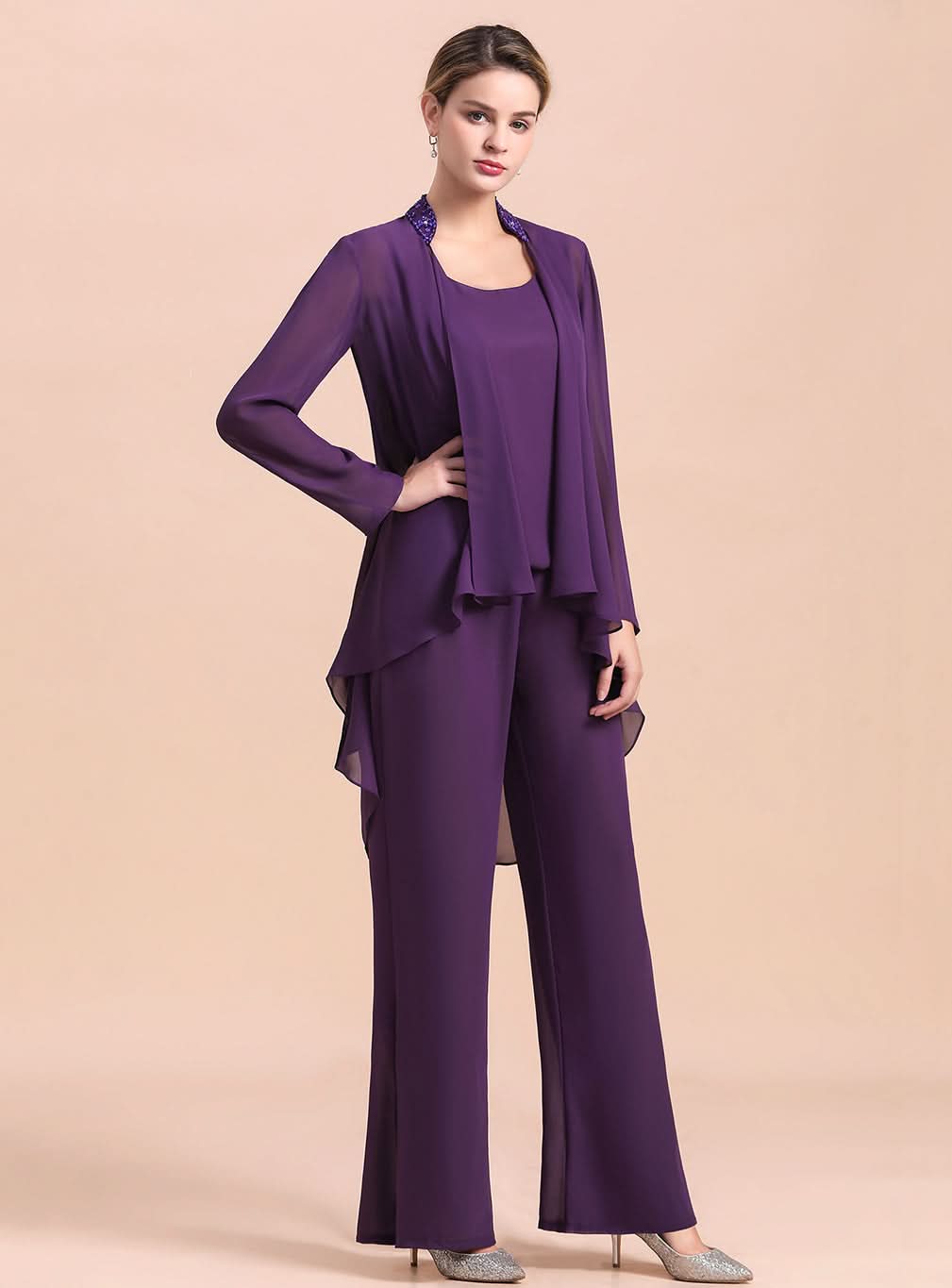 Scoop Straps Beading Chiffon Jumpsuit BMbride