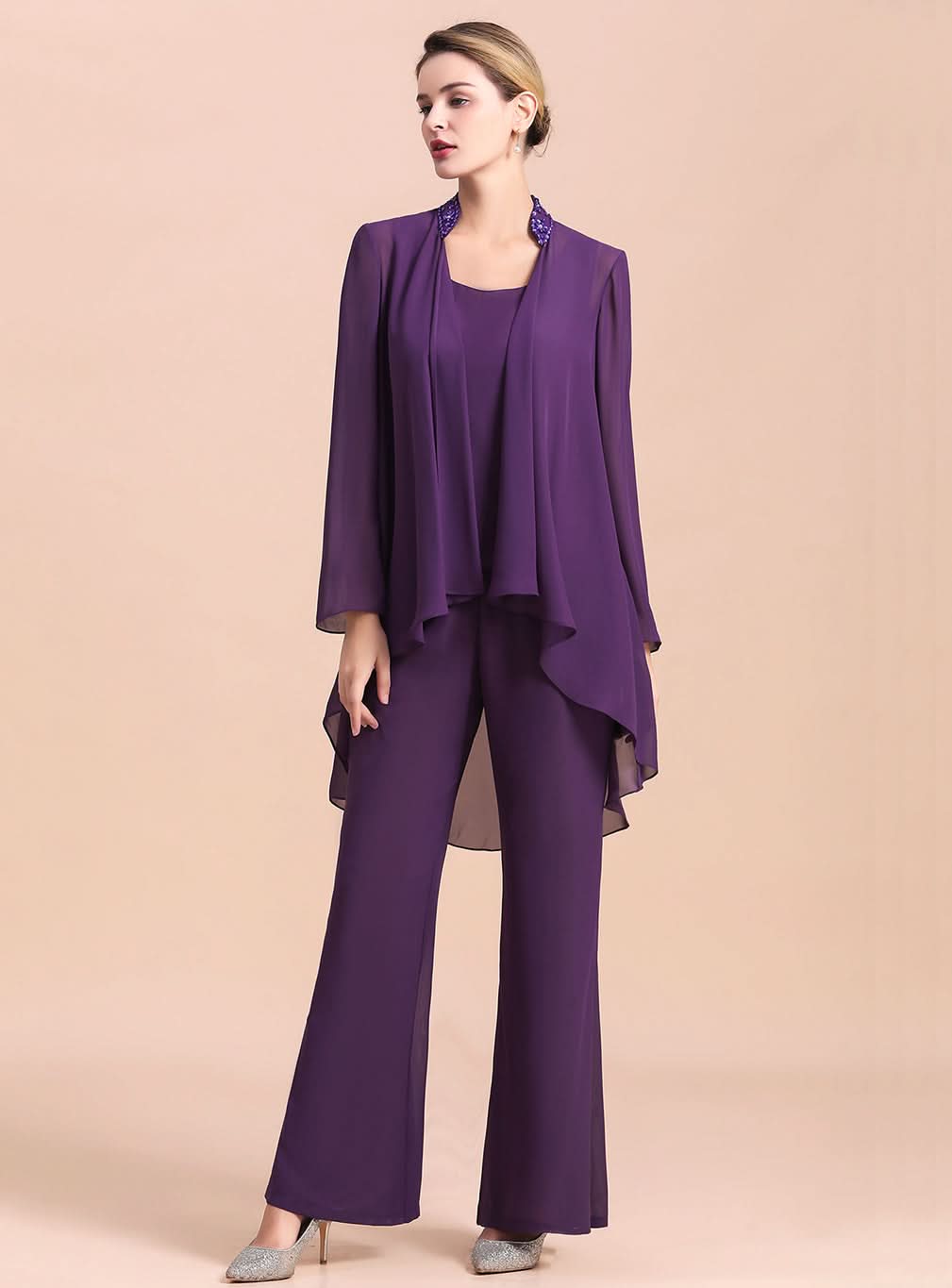 Scoop Straps Beading Chiffon Jumpsuit BMbride