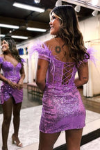Glamorous Sequin Off-The-Shoulder Lace-Up Corset Short Homecoming Dress with Feather Accents BM bride