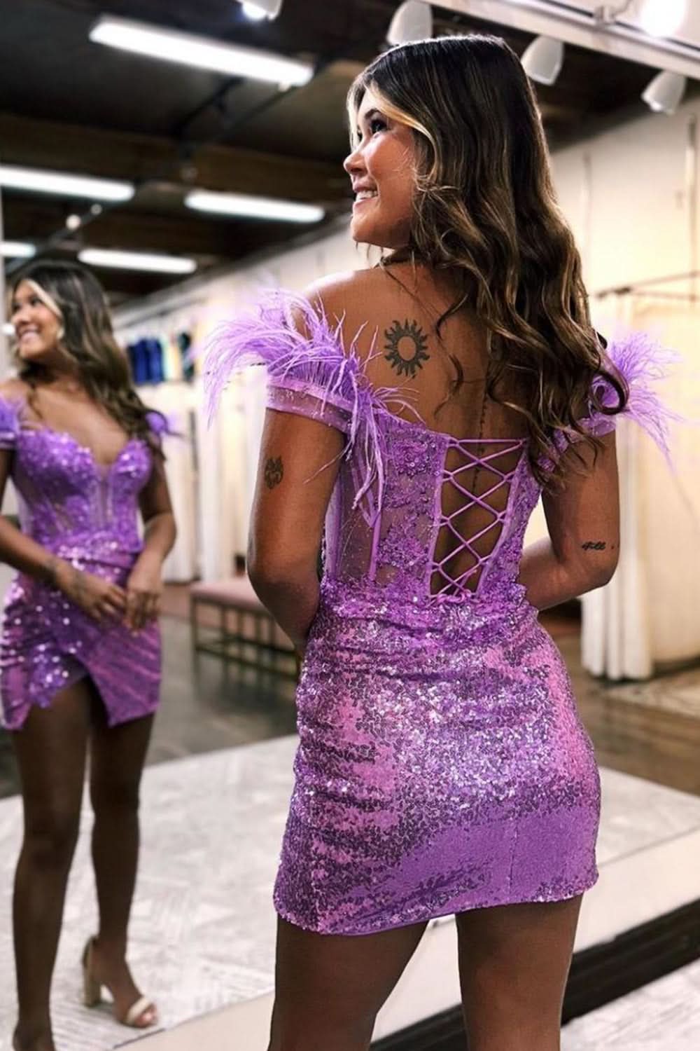 Glamorous Sequin Off-The-Shoulder Lace-Up Corset Short Homecoming Dress with Feather Accents BM bride