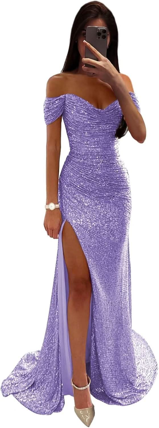 Sequin Prom Dresses for Women Off Shoulder V - Neck Long Ball Gown with Slit Formal Evening Party - Bmbride