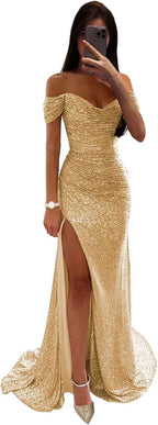 Sequin Prom Dresses for Women Off Shoulder V - Neck Long Ball Gown with Slit Formal Evening Party - Bmbride