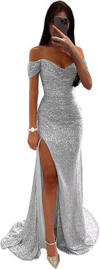 Sequin Prom Dresses for Women Off Shoulder V - Neck Long Ball Gown with Slit Formal Evening Party - Bmbride