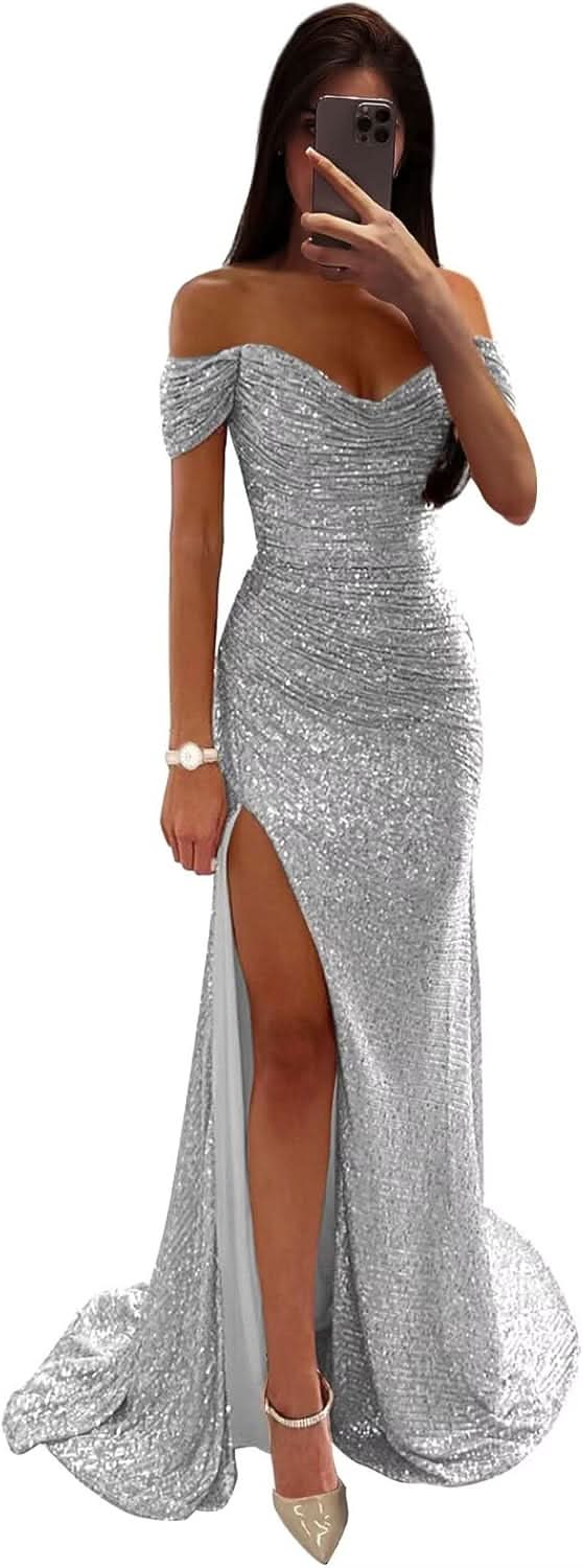 Sequin Prom Dresses for Women Off Shoulder V - Neck Long Ball Gown with Slit Formal Evening Party - Bmbride