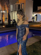 Sequin Prom Dresses for Women Off Shoulder V - Neck Long Ball Gown with Slit Formal Evening Party - Bmbride