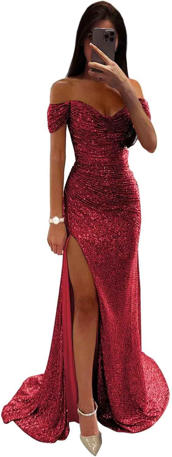 Sequin Prom Dresses for Women Off Shoulder V - Neck Long Ball Gown with Slit Formal Evening Party - Bmbride