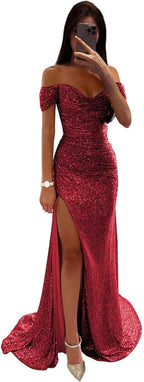 Sequin Prom Dresses for Women Off Shoulder V - Neck Long Ball Gown with Slit Formal Evening Party - Bmbride