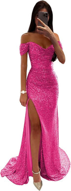 Sequin Prom Dresses for Women Off Shoulder V - Neck Long Ball Gown with Slit Formal Evening Party - Bmbride