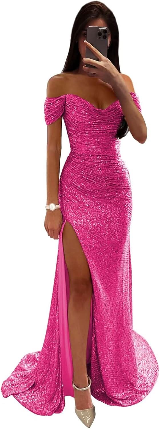 Sequin Prom Dresses for Women Off Shoulder V - Neck Long Ball Gown with Slit Formal Evening Party - Bmbride