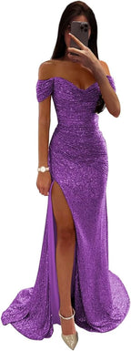 Sequin Prom Dresses for Women Off Shoulder V - Neck Long Ball Gown with Slit Formal Evening Party - Bmbride