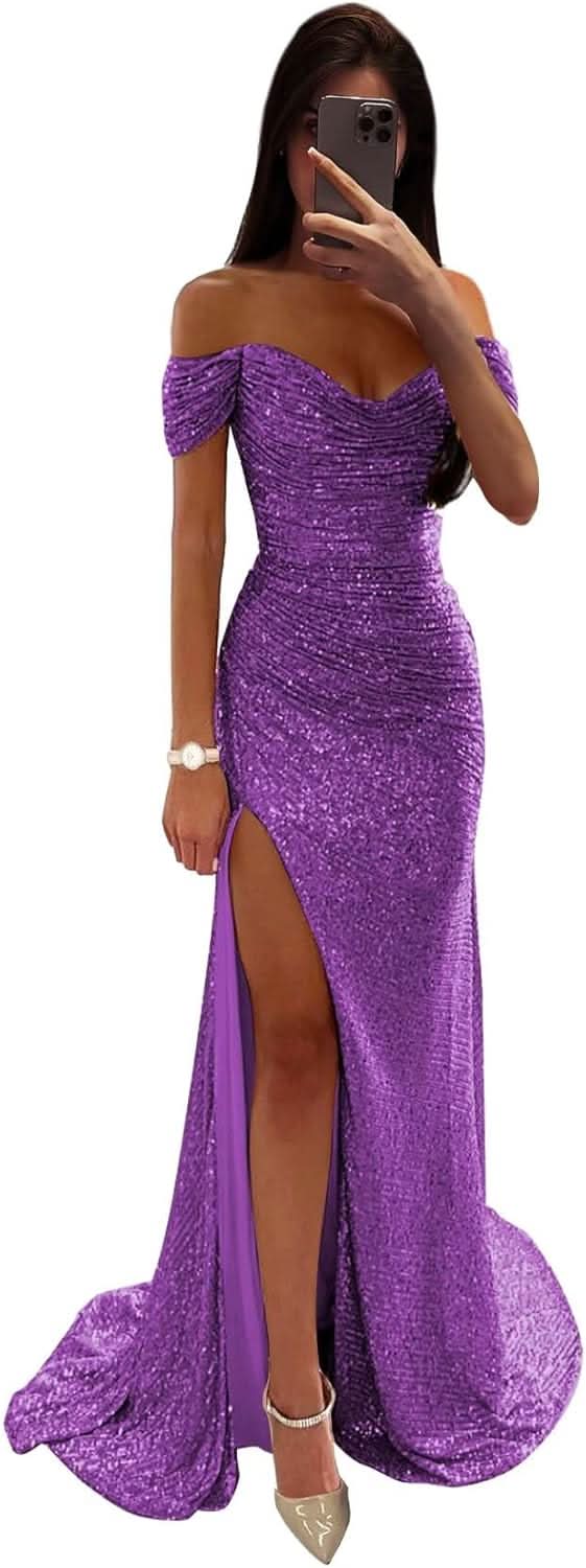 Sequin Prom Dresses for Women Off Shoulder V - Neck Long Ball Gown with Slit Formal Evening Party - Bmbride