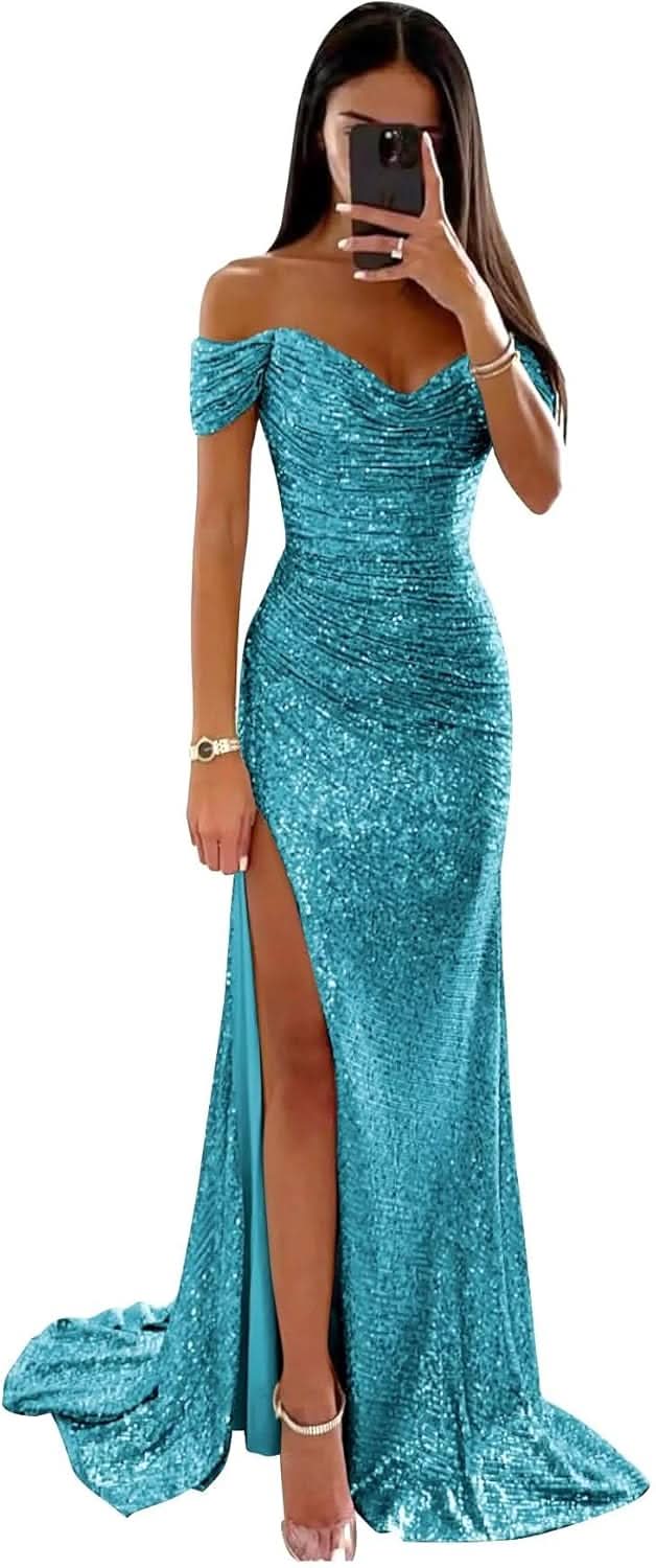 Sequin Prom Dresses for Women Off Shoulder V - Neck Long Ball Gown with Slit Formal Evening Party - Bmbride