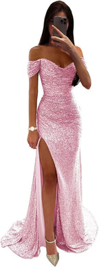 Sequin Prom Dresses for Women Off Shoulder V - Neck Long Ball Gown with Slit Formal Evening Party - Bmbride