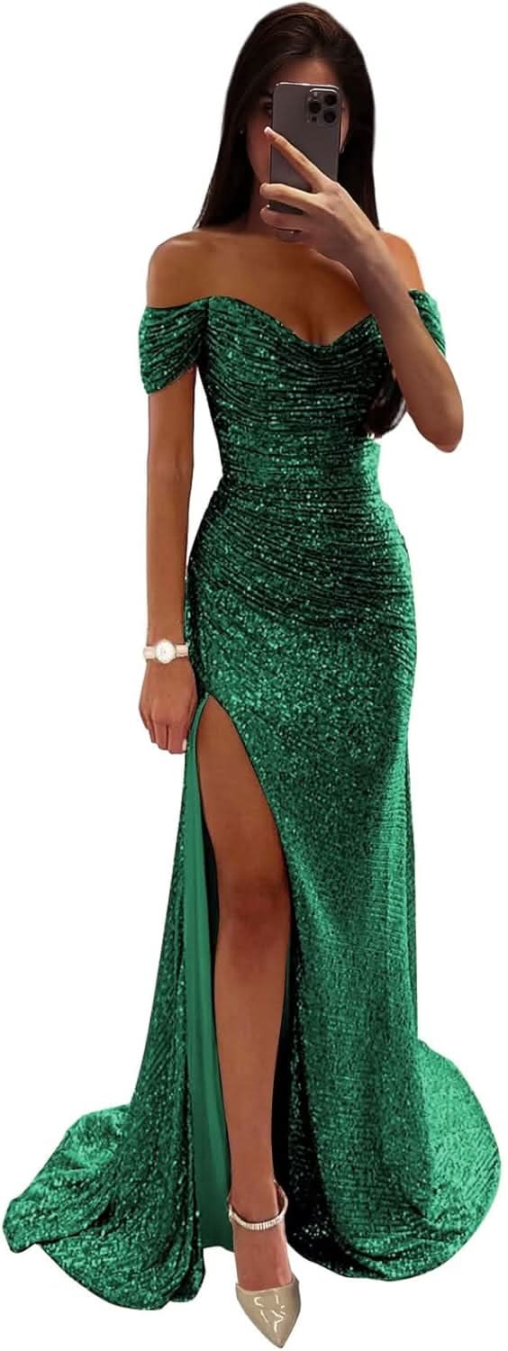 Sequin Prom Dresses for Women Off Shoulder V - Neck Long Ball Gown with Slit Formal Evening Party - Bmbride