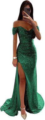 Sequin Prom Dresses for Women Off Shoulder V - Neck Long Ball Gown with Slit Formal Evening Party - Bmbride