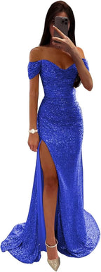 Sequin Prom Dresses for Women Off Shoulder V - Neck Long Ball Gown with Slit Formal Evening Party - Bmbride