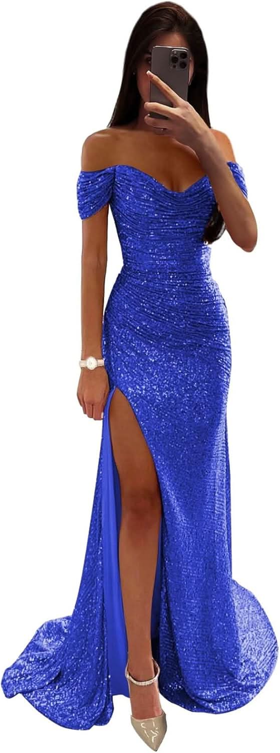 Sequin Prom Dresses for Women Off Shoulder V - Neck Long Ball Gown with Slit Formal Evening Party - Bmbride