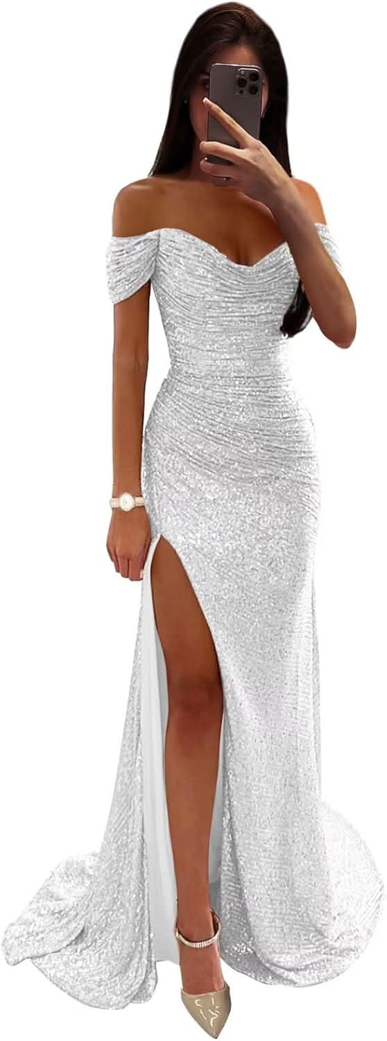 Sequin Prom Dresses for Women Off Shoulder V - Neck Long Ball Gown with Slit Formal Evening Party - Bmbride