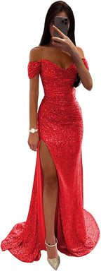 Sequin Prom Dresses for Women Off Shoulder V - Neck Long Ball Gown with Slit Formal Evening Party - Bmbride