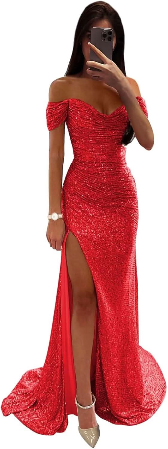 Sequin Prom Dresses for Women Off Shoulder V - Neck Long Ball Gown with Slit Formal Evening Party - Bmbride