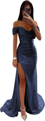 Sequin Prom Dresses for Women Off Shoulder V - Neck Long Ball Gown with Slit Formal Evening Party - Bmbride