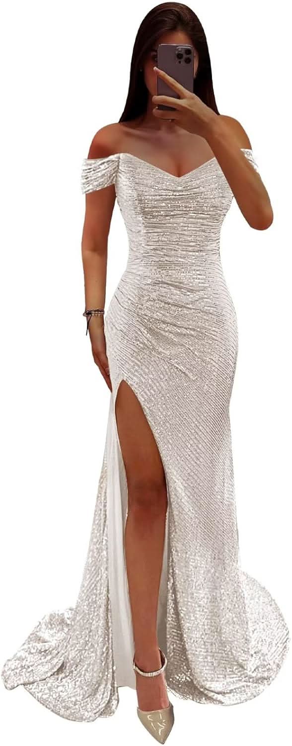 Sequin Prom Dresses for Women Off Shoulder V - Neck Long Ball Gown with Slit Formal Evening Party - Bmbride