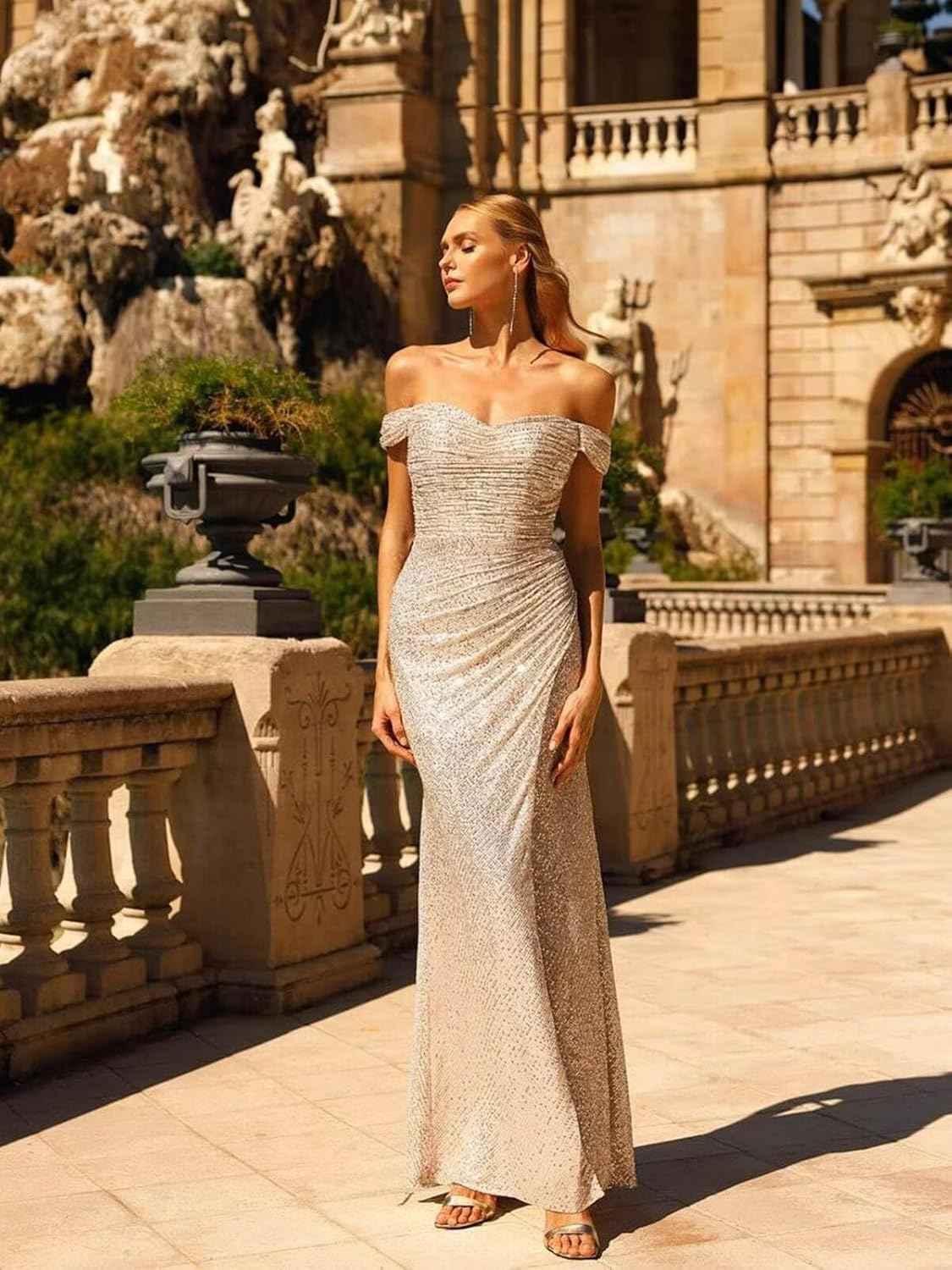 Sequin Prom Dresses for Women Off Shoulder V - Neck Long Ball Gown with Slit Formal Evening Party - Bmbride