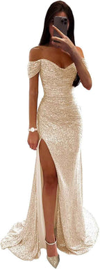 Sequin Prom Dresses for Women Off Shoulder V - Neck Long Ball Gown with Slit Formal Evening Party - Bmbride