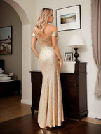 Sequin Prom Dresses for Women Off Shoulder V - Neck Long Ball Gown with Slit Formal Evening Party - Bmbride