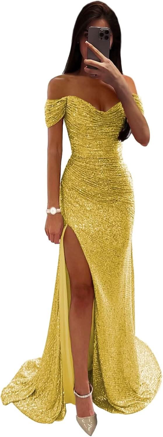 Sequin Prom Dresses for Women Off Shoulder V - Neck Long Ball Gown with Slit Formal Evening Party - Bmbride