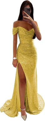 Sequin Prom Dresses for Women Off Shoulder V - Neck Long Ball Gown with Slit Formal Evening Party - Bmbride