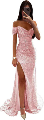 Sequin Prom Dresses for Women Off Shoulder V - Neck Long Ball Gown with Slit Formal Evening Party - Bmbride